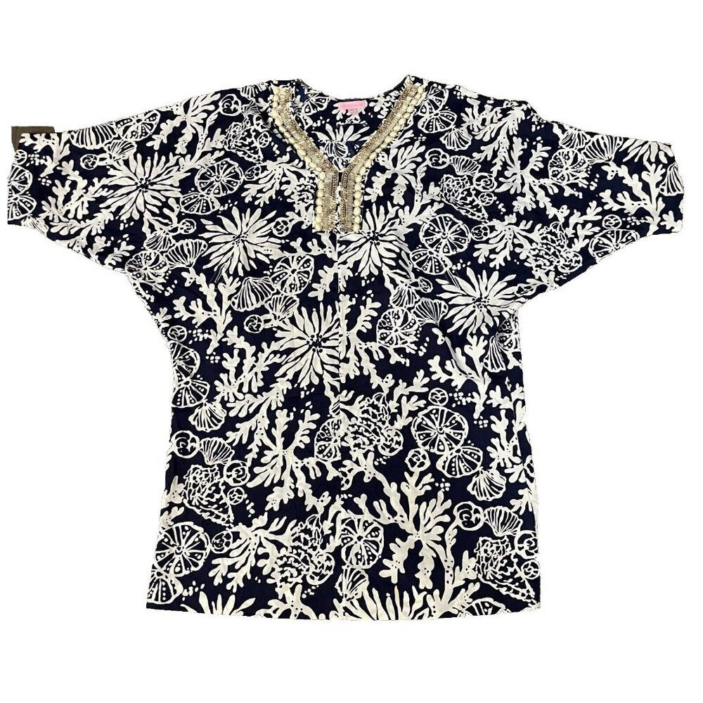 Lilly Pulitzer Tunic Women's Beaded Midi Print Dress Indigo blue white size M